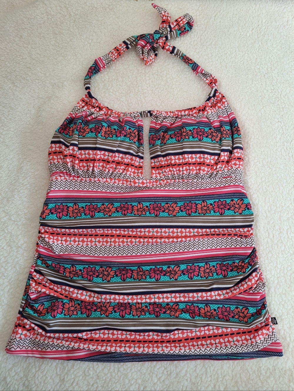 La Vie En Rose Aqua Coral and Teal Floral Halter Tankini Bathing Suit Top